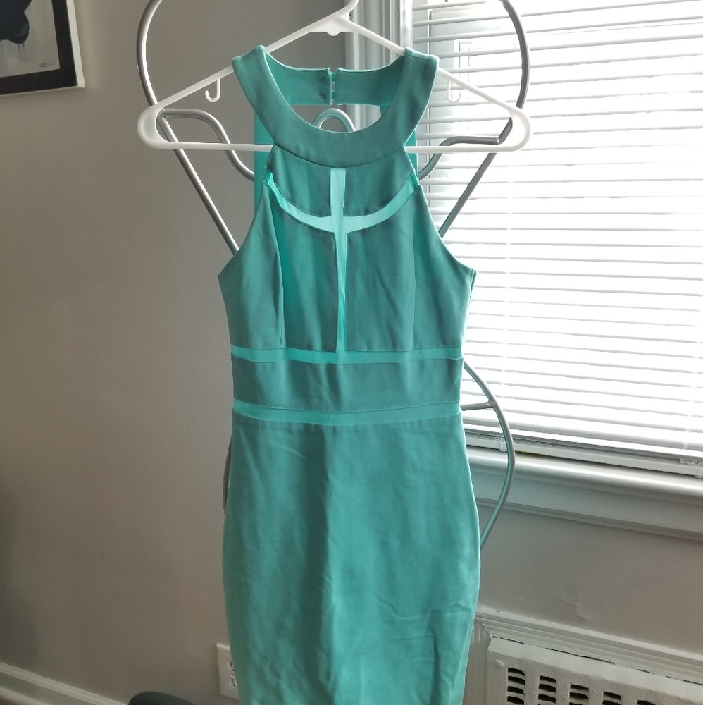 Guess cutout mesh dress in aqua.